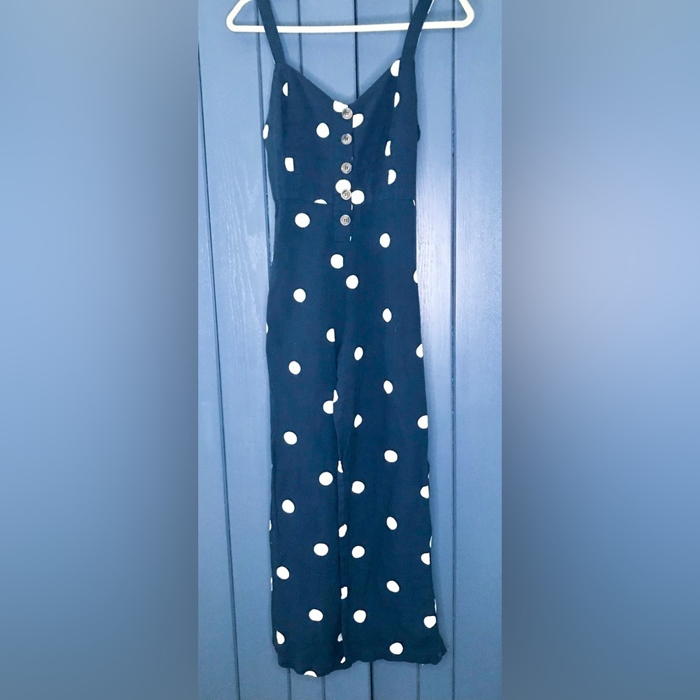 Navy Blue Polka Dot Cropped Jumpsuit Juniors Medium Open Back Whimsical Playful